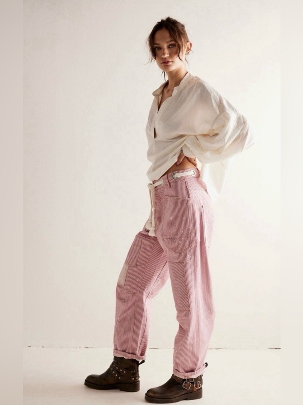 We The Free People Pink Striped Moxie Barrel Jeans Dried Rose Distressed NWOT - Picture 3 of 4